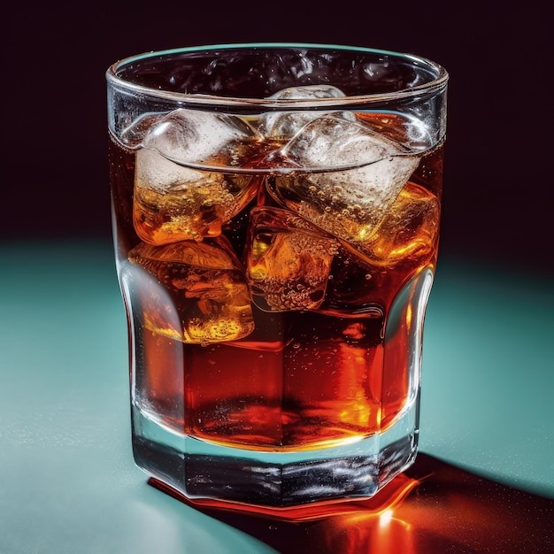 A glass of whiskey with ice cubes on it