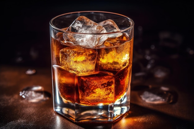 A glass of whiskey with ice cubes on the side