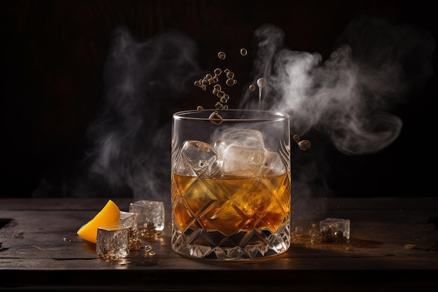 A glass of whiskey with ice cubes and smoke coming out of it