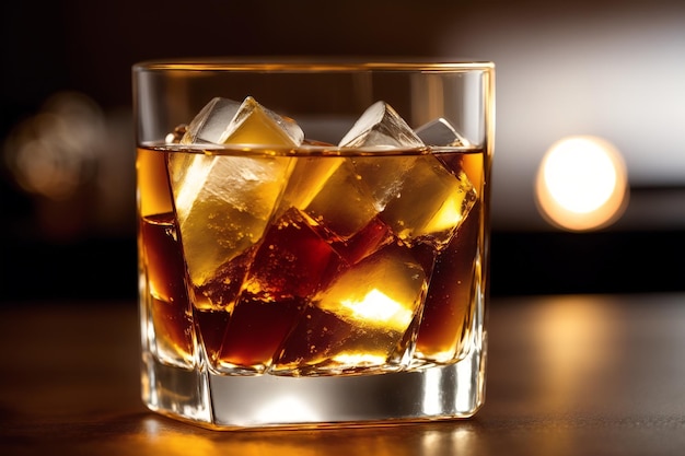 A glass of whiskey with ice cubes on a wooden table.