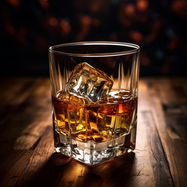 a glass of whiskey with ice cubes on a wooden table.