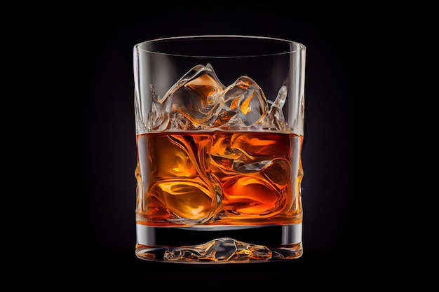Photo glass of whiskey with ice on a dark background generative ai