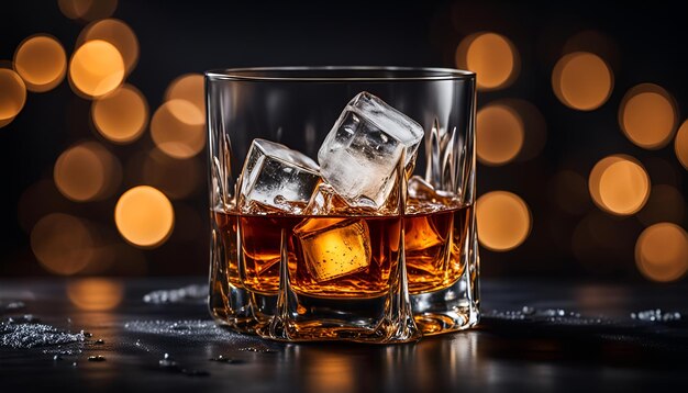 Glass of whiskey with ice on a dark background