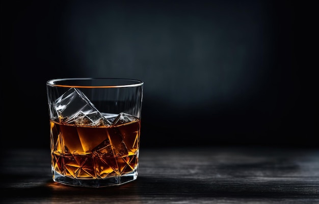 Glass of whiskey with ice on a dark panoramic background Generative AI