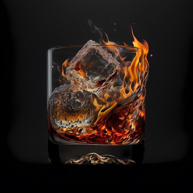 A glass of whiskey with ice and fire on it