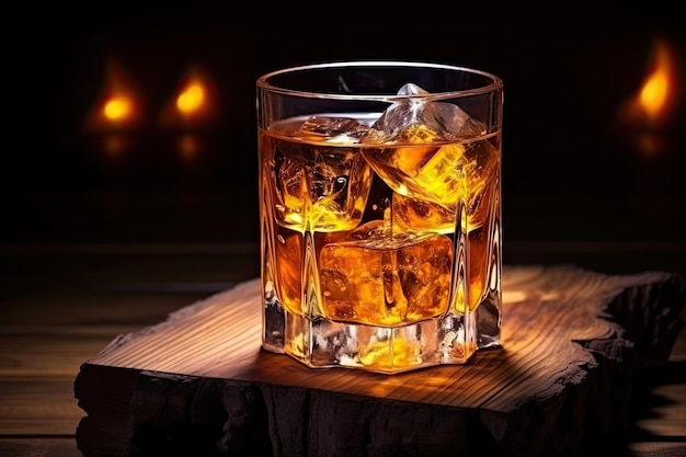 Glass of whiskey with ice and liquor on a dark table