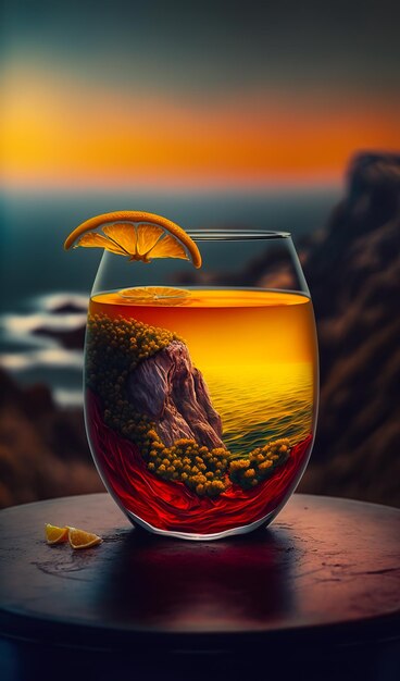 Photo glass of whiskey with ice and orange slice on the rocks