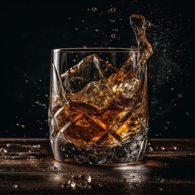 A glass of whiskey with ice and a splash of liquid