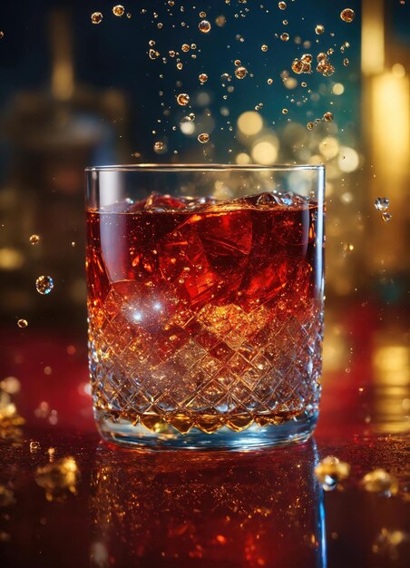a glass of whiskey with ice and splashes Golden sparkles background ai generative