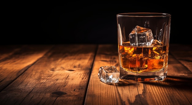 A glass of whiskey with ice stands on an old wooden table