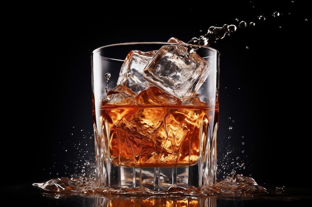 Glass of whiskey with ice with splashes Black background Splashes and drops of whiskey fly from the glass in different directions