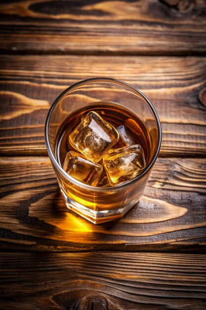 Photo glass of whiskey with ice on wooden background top view and blank text
