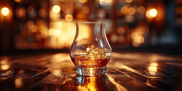 Glass of whiskey with ice on a wooden bar counter Classic whiskey in a glass in a dim bar
