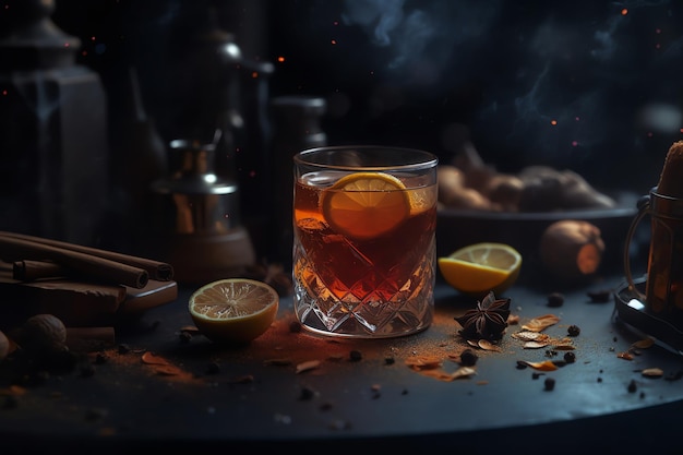 A glass of whiskey with a lemon and cinnamon sticks on a table with a smokey background.