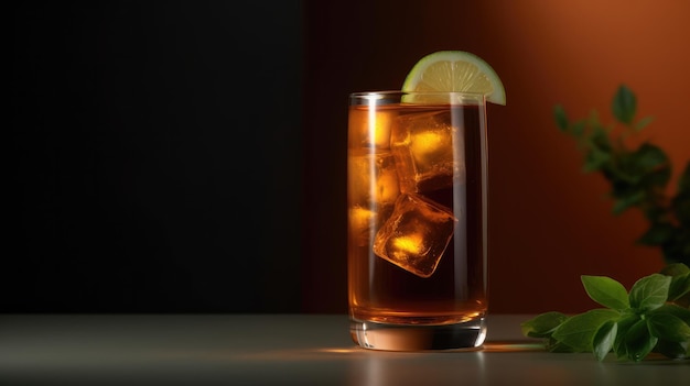 A glass of whiskey with a lime wedge on the rim sits on a bar counter.