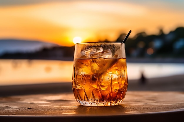 Glass of whiskey with rim sits on a table at sunset