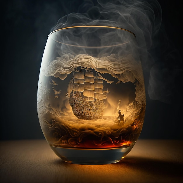 A glass of whiskey with a ship on it and a glass of whiskey on the bottom.