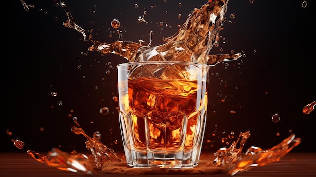 Glass of whiskey with splashing on black background