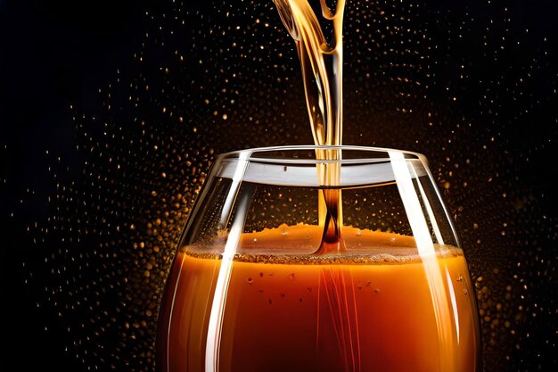 a glass of whiskey with splashing liquid on a black background