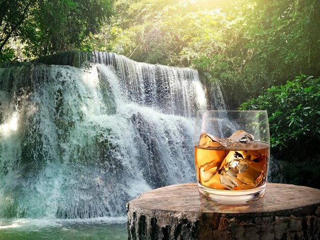 Glass of whiskey on the wood log and the Morning waterfall background