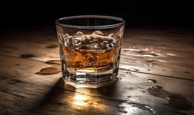 A glass of whiskey on a wooden table with water droplets on it.