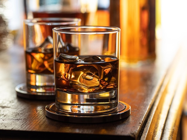 Glass of whisky on the rocks on a wooden bar top