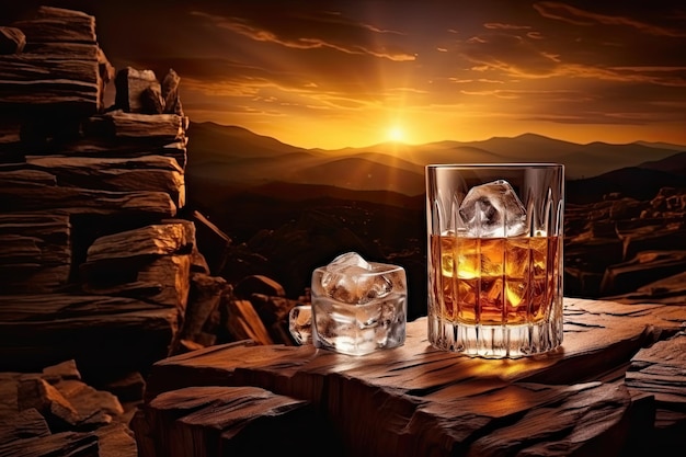 Foto bicchiere di whisky con cubetti di ghiaccio sul paesaggio roccioso