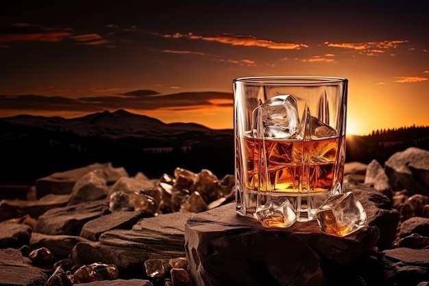 Стакан виски с кубиками льда на скалистом ландшафте