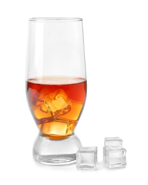 Glass of whisky with ice on white background