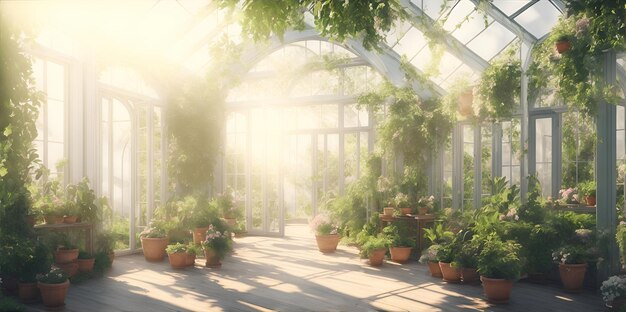 Glass white greenhouse with windows and plants