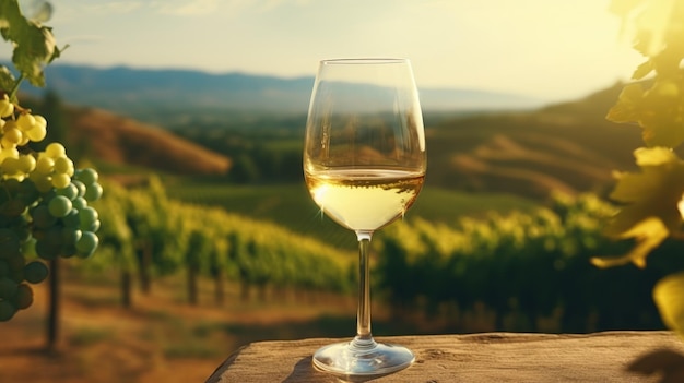 A glass of white wine against the backdrop of vineyards in the sun Wine production and grape fields