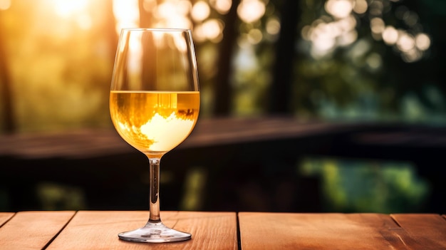 A glass of white wine on a blurred nature background copy space