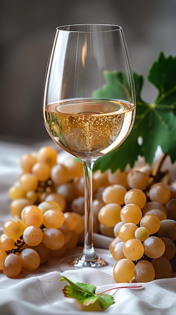ぶどう の 葉 と 白い ぶどう を 含む 白い ワイン の 半分 の 杯