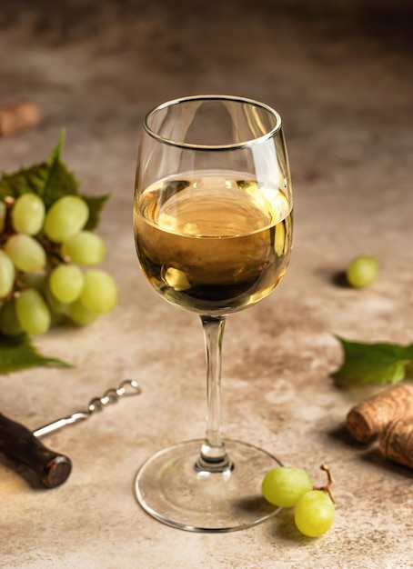 A glass of white wine on textured background with corkscrew and grapes Rustic design for wine list