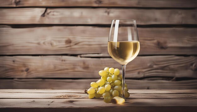 Склянка белого вина с белым виноградом на деревянном столе.