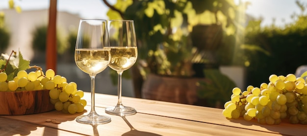 Glass of white wine with grapes on old wooden table on sunny outdoor