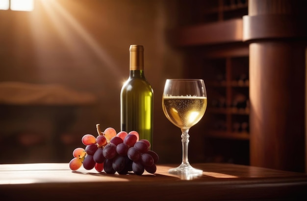 a glass of white wine on a wooden table a bottle of wine a bunch of grapes sommelier wine expert wine tasting winery concept old wine cellar on the background sunlight