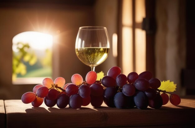 a glass of white wine on a wooden table a bunch of grapes wine expert sommelier wine tasting winery concept old wine cellar on the background light from the window