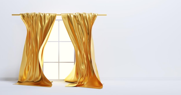 Glass window with luxury curtains of gold silk fabric hanging\
on cornice realistic interior of empty room with white wall and\
floor 3d render flowing satin cloth glossy material in blowing\
wind