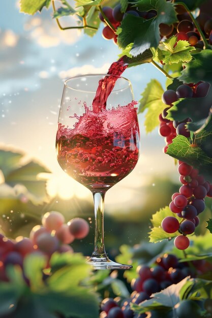 ぶどう畑を背景にしたワインのグラス ゲネレーティブ・AI