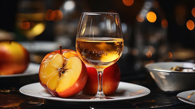 a glass of wine next to an apple and a plate of apples