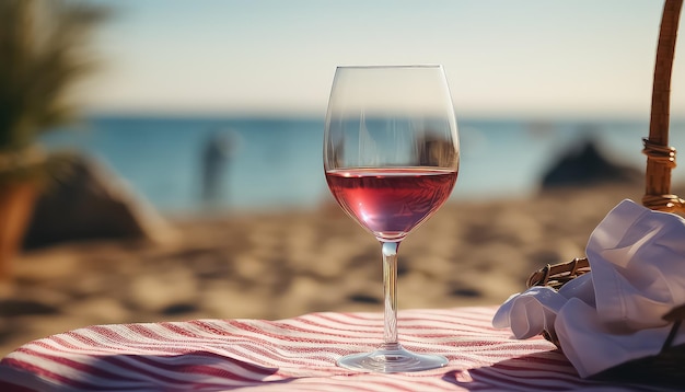 Photo a glass of wine on the beach picnic by the sea