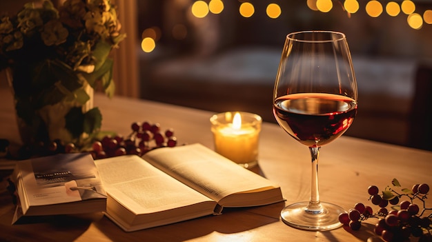 A glass of wine and a book on a table