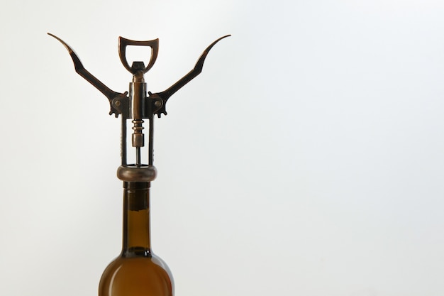 Glass wine bottle and corkscrew isolated