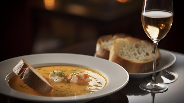 A glass of wine and a bowl of shrimp soup with bread on the table.