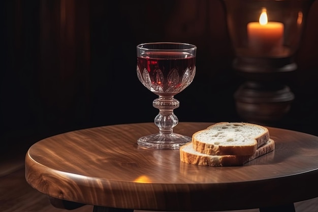 A glass of wine and bread on a table with a candle in the background.