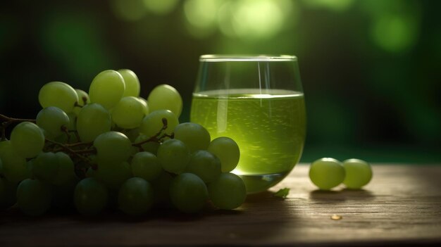 A glass of wine next to a bunch of grapes