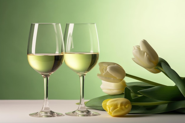 A glass of wine and a bunch of tulips on a table