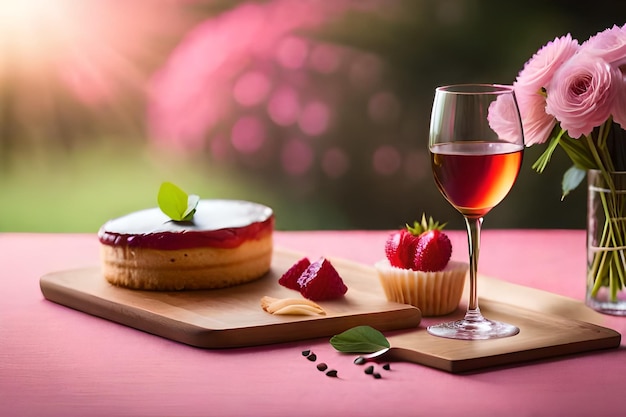 A glass of wine next to a cake and a glass of wine