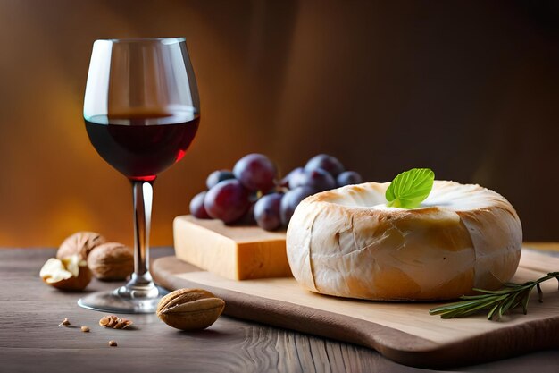 A glass of wine and a cheese and a glass of wine